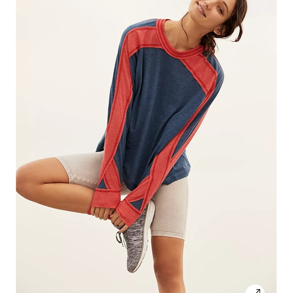 Free People Blue and Red Contrast Long Sleeve Pullover